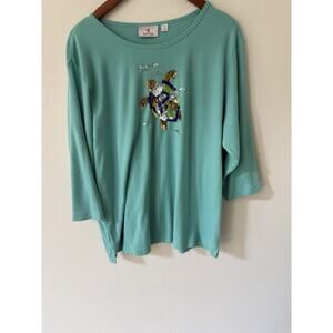 Quacker Factory Sequined Turtle Top Size 1X Long Sleeve Cotton Green Cottagecore